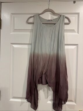 Sleeveless Ombre Handkerchief-Hem Tunic in Sage and Plum